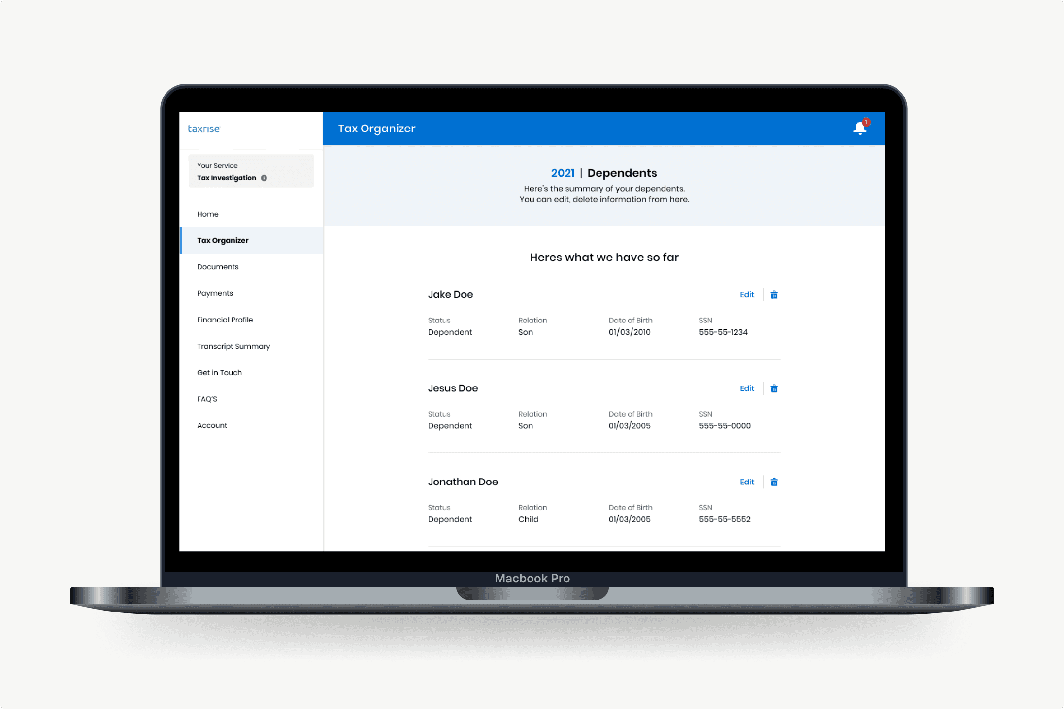 Self-Service Tax Organizer final design preview